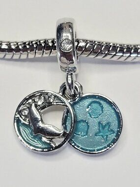 NWT For Pandora Charm Bracelet Aqua Blue Whale Tail Beach Dangle With Rhinestone